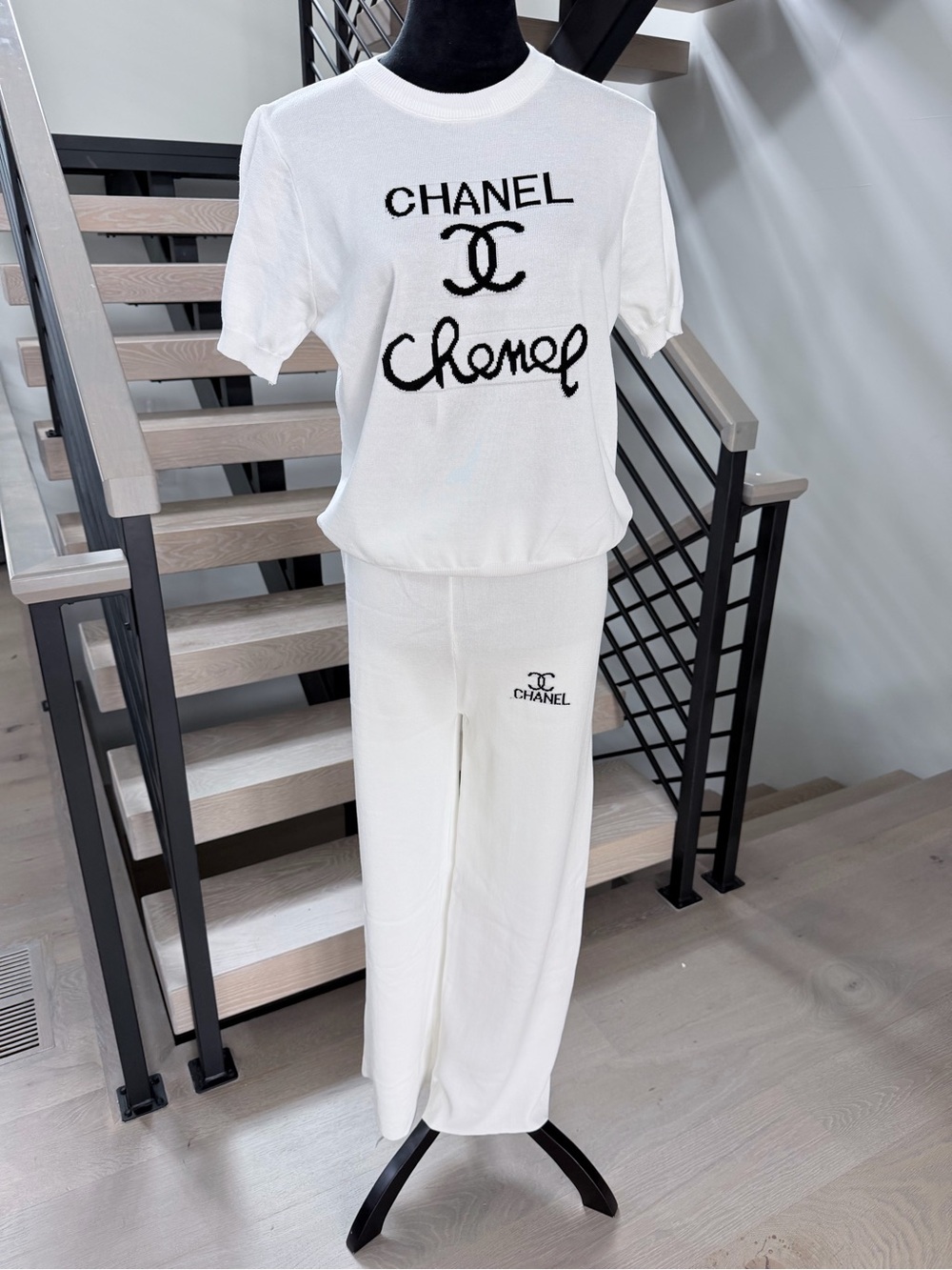 White Knit Logo Wide-Leg Knit Two Piece Matching Set size S